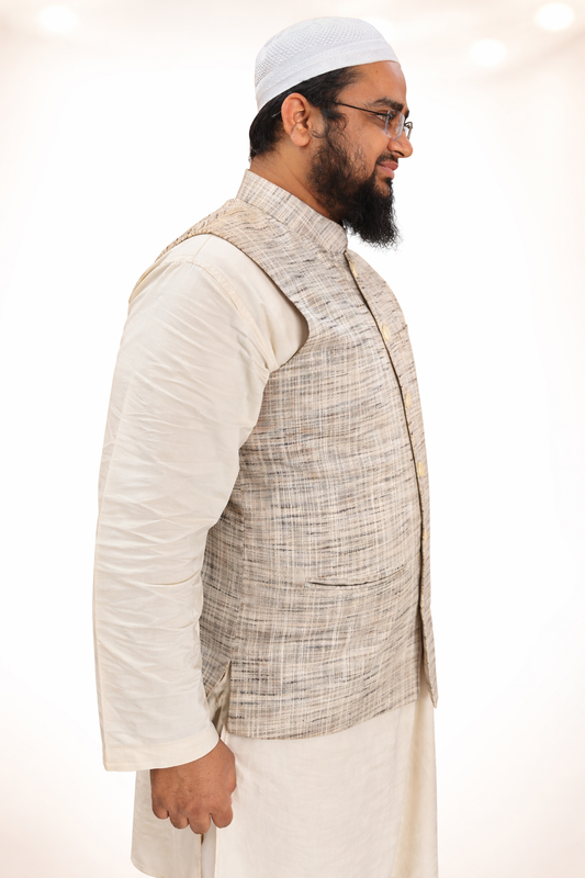 Men’s Premium Khadi Cotton Textured Sadri Jacket – Beige Ethnic Waistcoat for Kurta | Festive & Wedding Wear